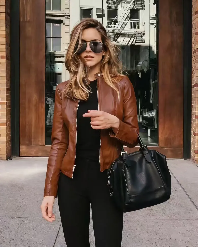 Orange Solid PU Moto Biker Jacket - Image 1