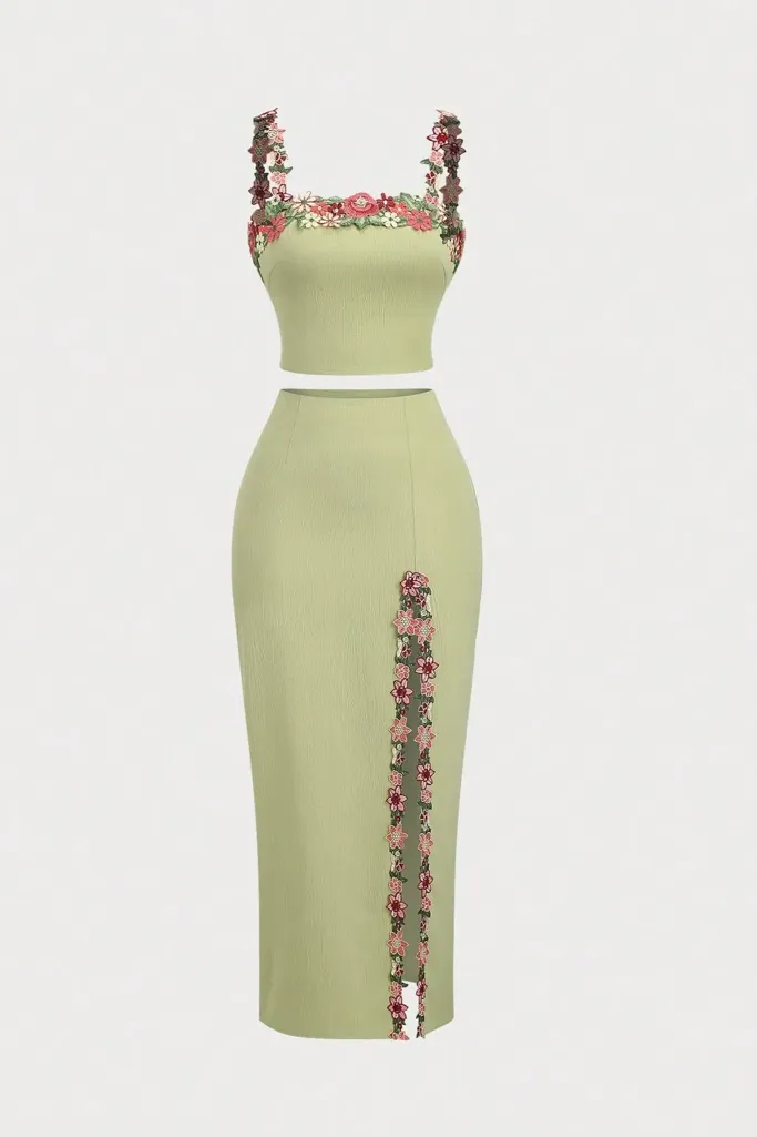Light Green Embroidered Floral Crop Co-Ord Set - Image 1