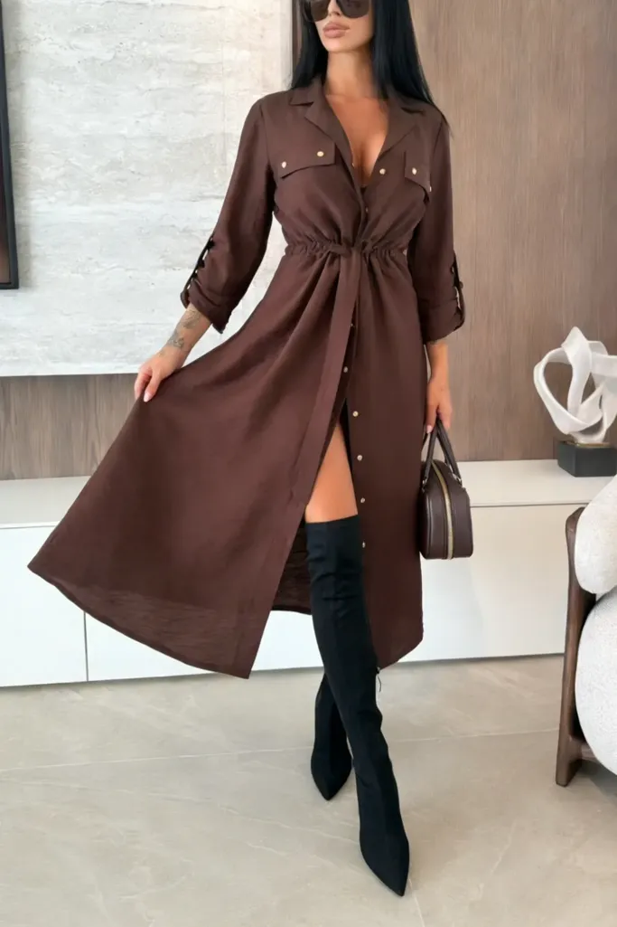 Dark Brown Lapel Collar Slit Midi Dress - Image 1
