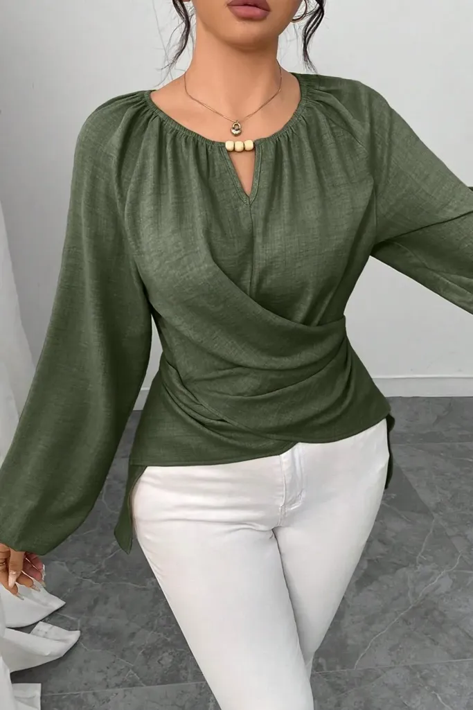 Olive Solid Wrap Round Neck Top - Image 1