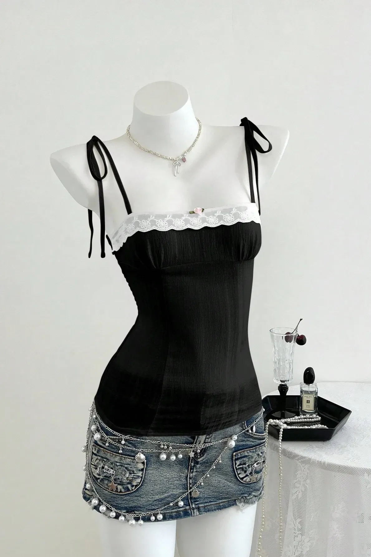 Black Square Neck Tie-Up Top