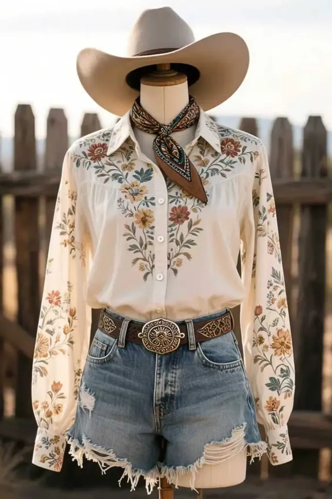 Cream Embroidered Floral Collar Shirt - Image 1