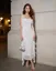 White Shimmer Ruched Ruffle Midi Dress