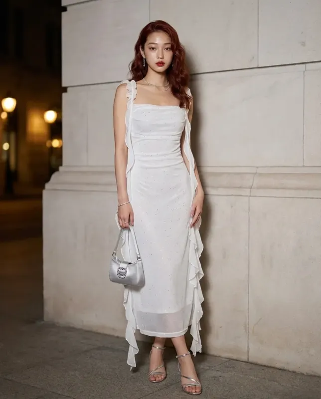 white bodycon dress with ruffle bottom Shimmer Ruched Midi Size:US size 10 Square neckline with ruffle professional wear Simple Long Mermaid Backless