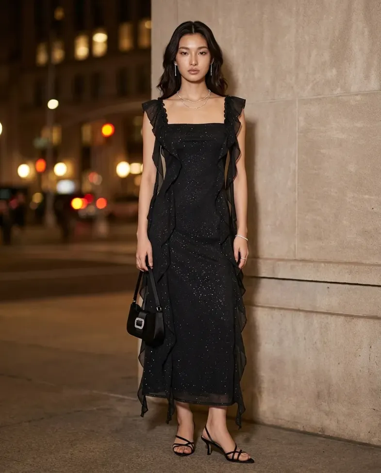 Black Shimmer Ruched Ruffle Midi Dress - Image 1