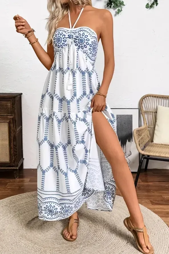 White Ethnic Print Halter Maxi Dress - NEWME