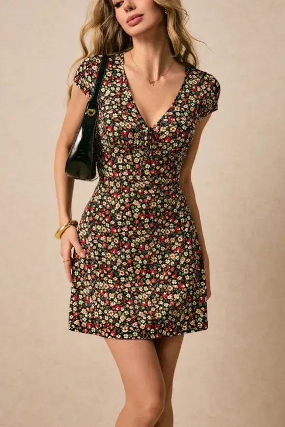 Black Floral V-Neck Mini Dress - Image 1