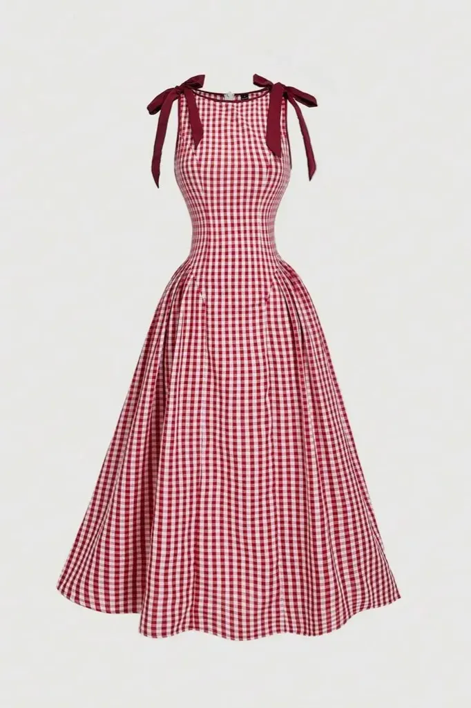 Red Gingham Bow Maxi Dress - Image 1