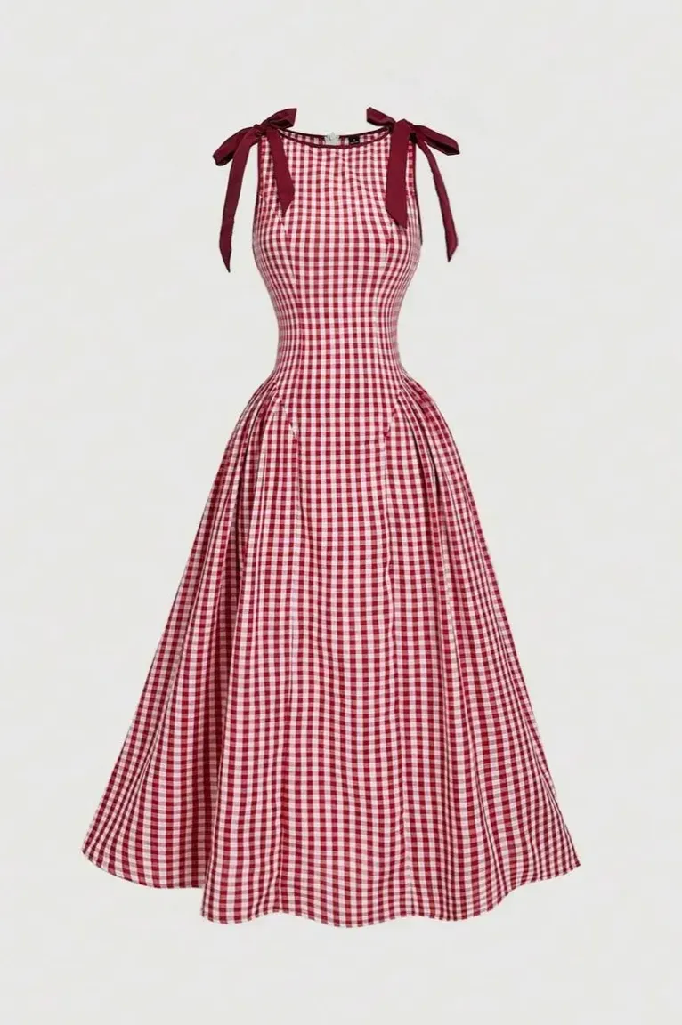 Red Gingham Bow Maxi Dress - NEWME