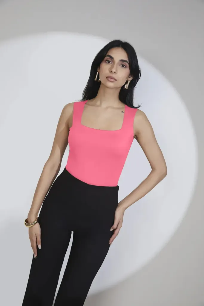 Pink Solid Square Neck Top - Image 1