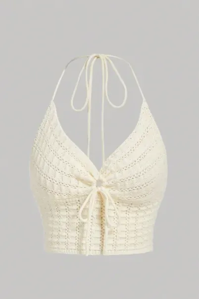 White Halter Neck Crochet Crop Top - Image 1