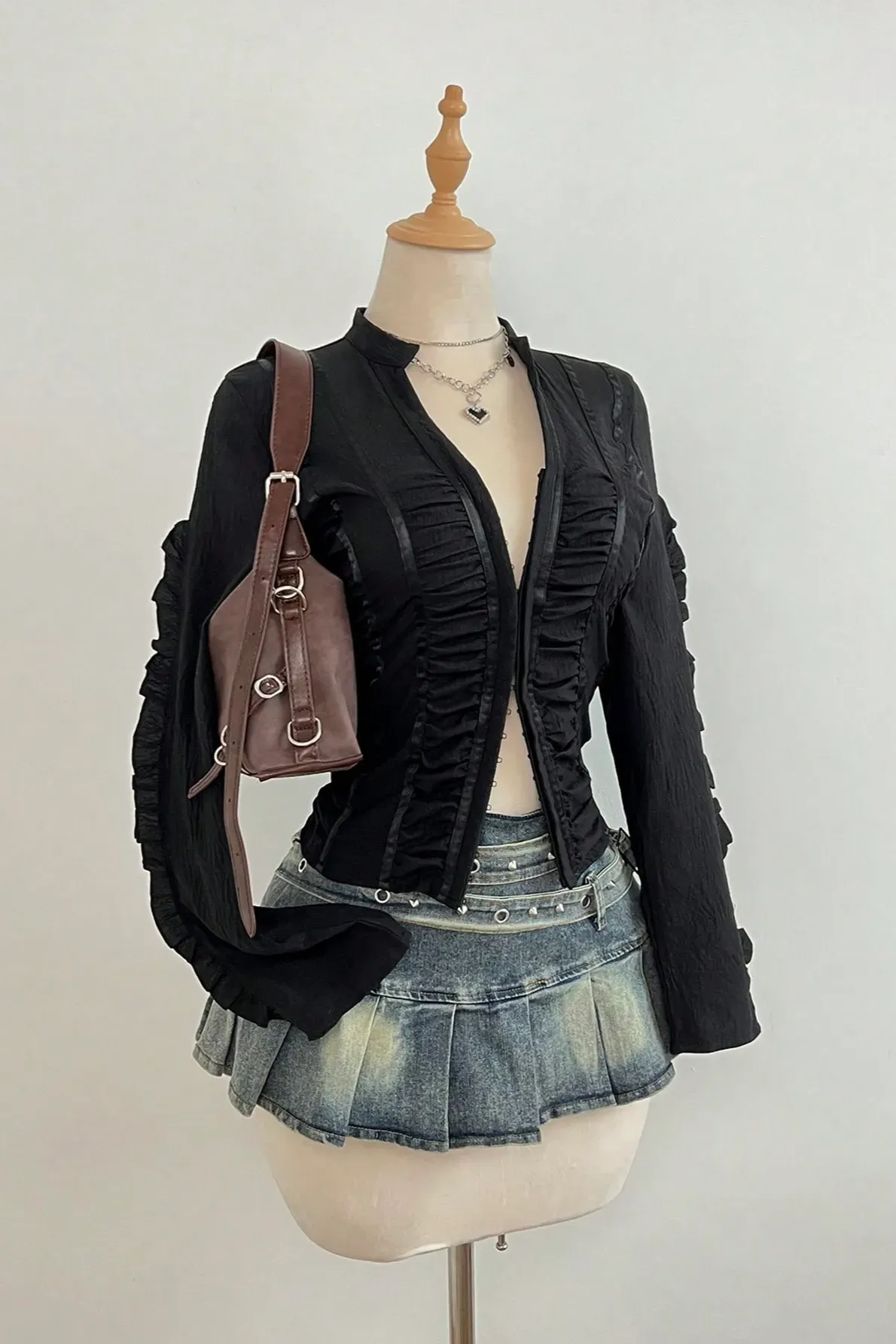 Black Solid V-Neck Ruffled Top