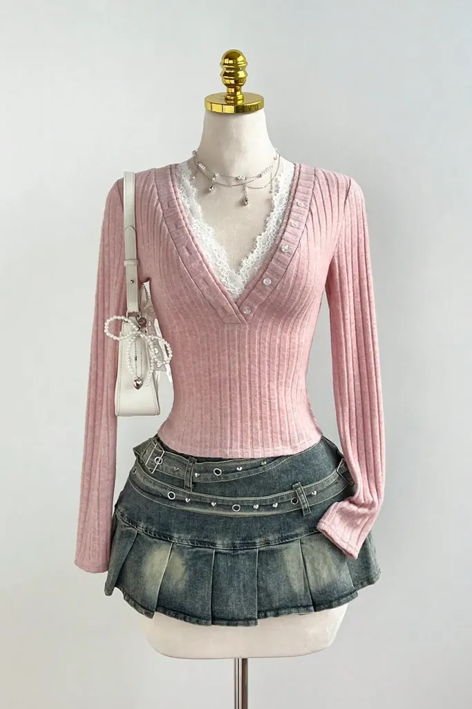 Light Pink Lace-Insert V-Neck Top - Image 1