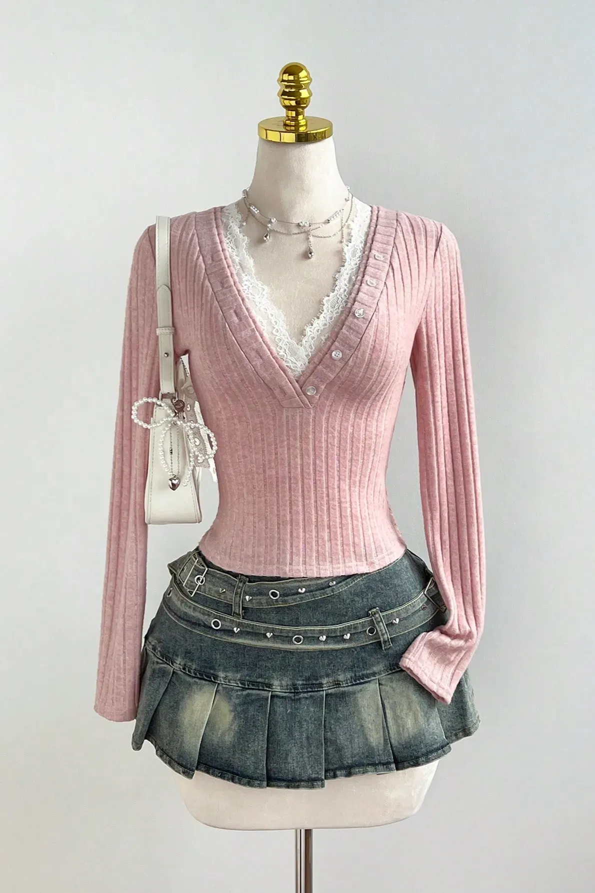 Light Pink Lace-Insert V-Neck Top