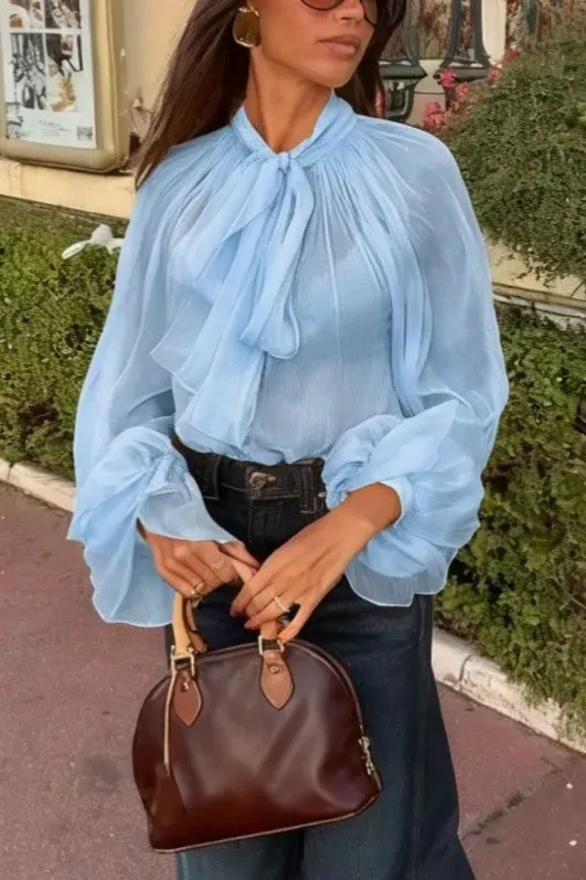 Light Blue High Neck Tie-Up Top - Image 1
