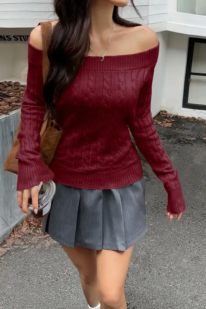Wine Solid Off-Shoulder Sweater - Image 1