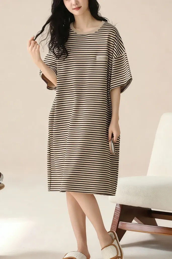 Black Striped Round Neck Midi Dress - Image 1