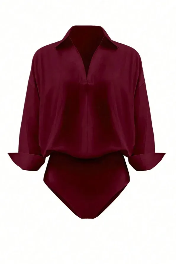 Wine V-Neck Solid Bodysuit - Image 1