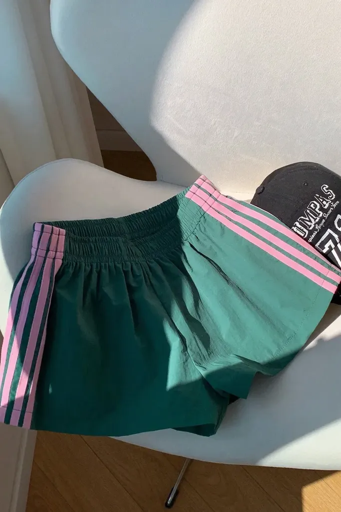 Dark Green Mid-Rise Striped Shorts - Image 1
