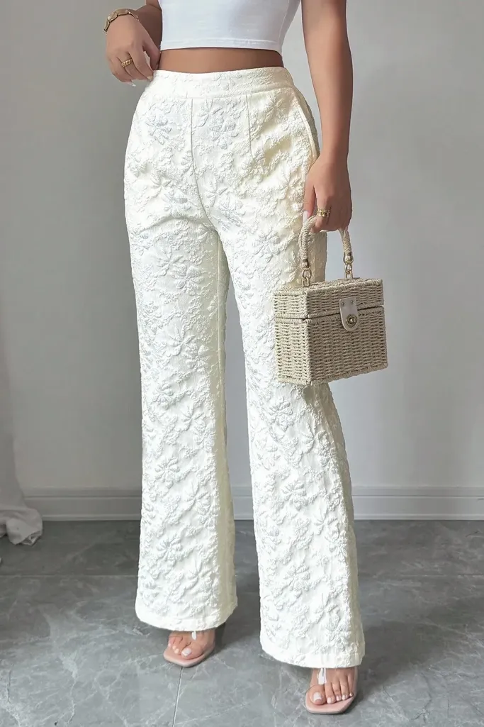 Off White Embroidered Bootcut Pants - Image 1