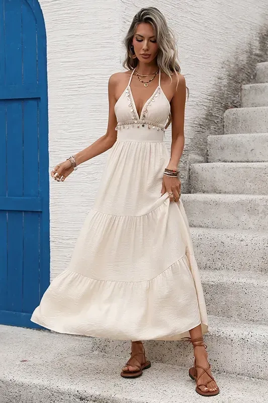 Off White Tiered Halter Maxi Dress - Image 1