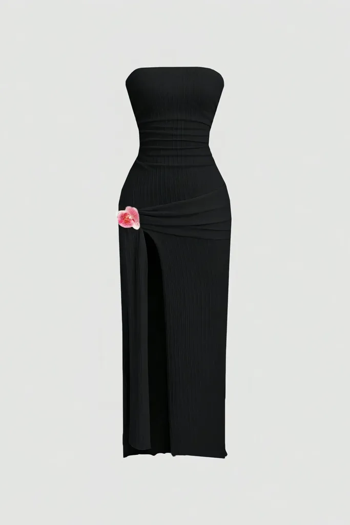 Black Draped Tube Maxi Dress - Image 1