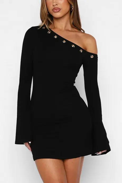 Black One-Shoulder Bodycon Mini Dress - Image 1