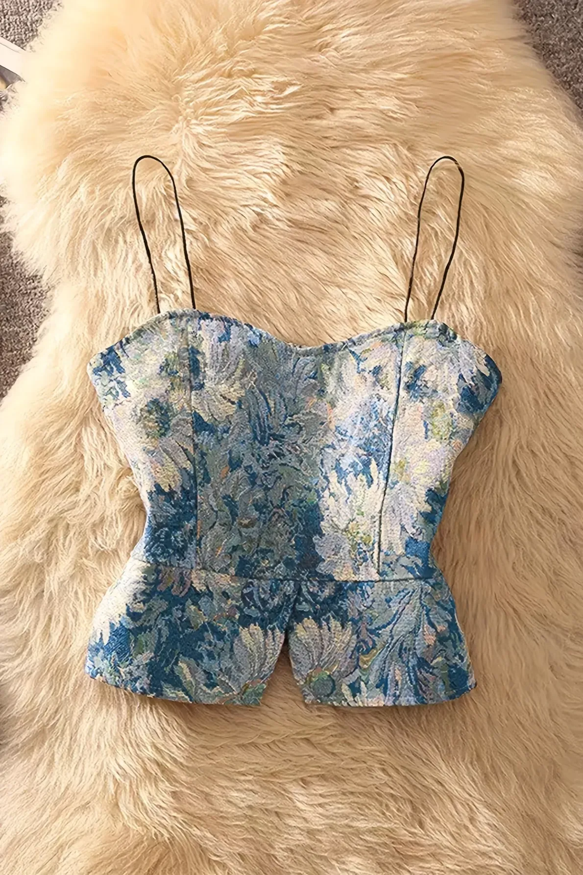 Blue Sweetheart Neck Floral Top