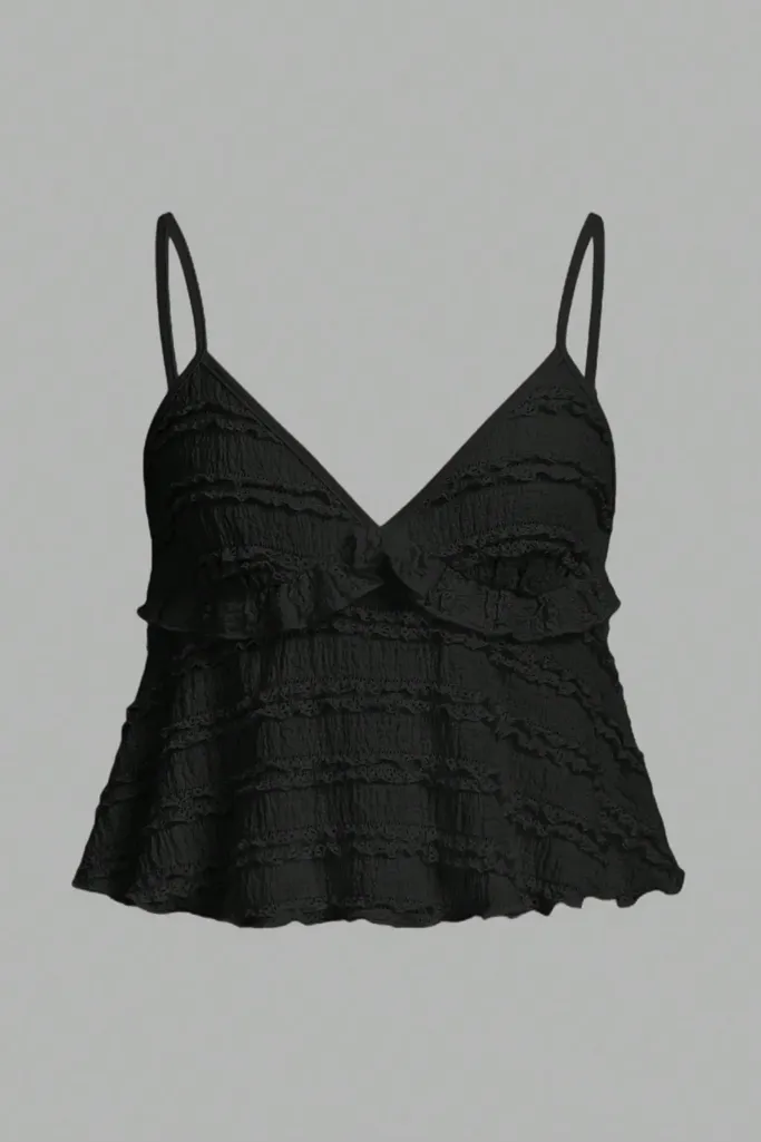 Black Textured Ruffle Crop Top - Image 1