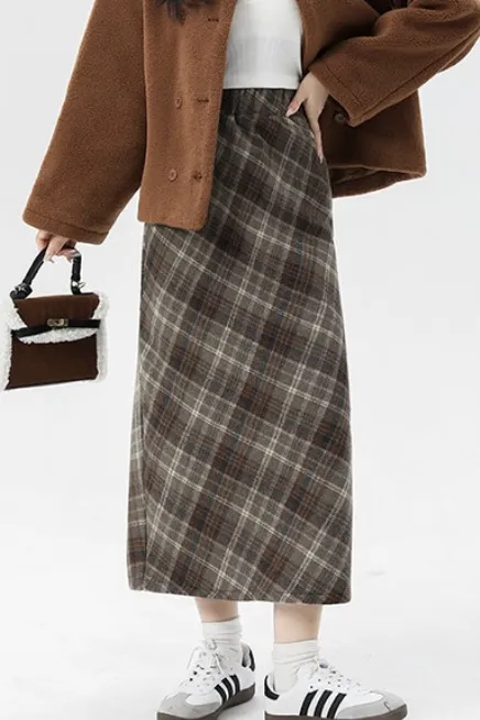 Dark Brown Plaid Aline Midi Skirt - Image 1