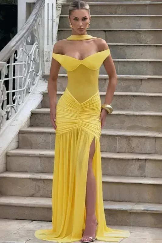 Yellow Solid Off Shoulder Slit Maxi Dress - Image 1