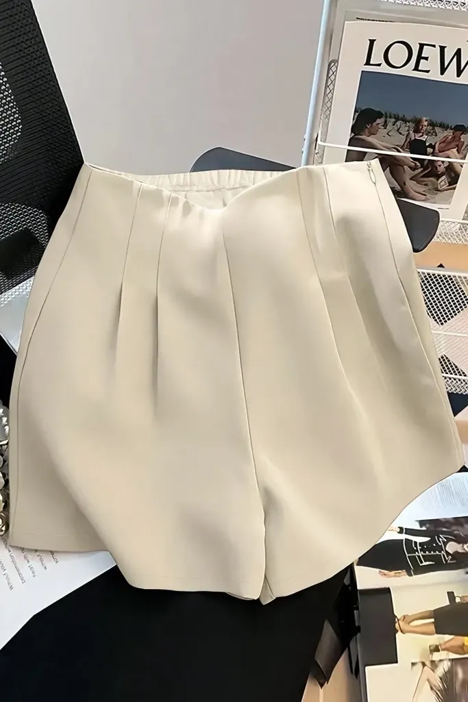Beige High-Rise Pleated Shorts - Image 1
