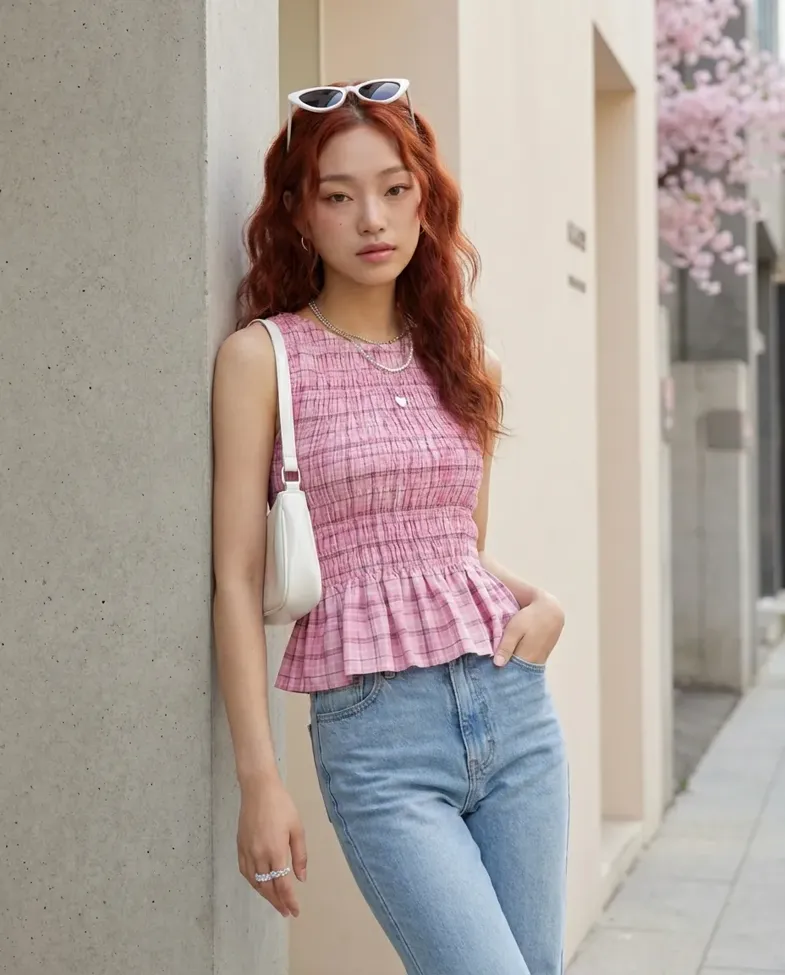 Pink Plaid Smocked Crew Neck Top - Image 1