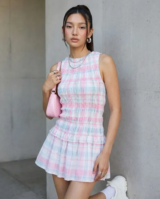 light pink checkered dress Rhiannon top light pink plaid