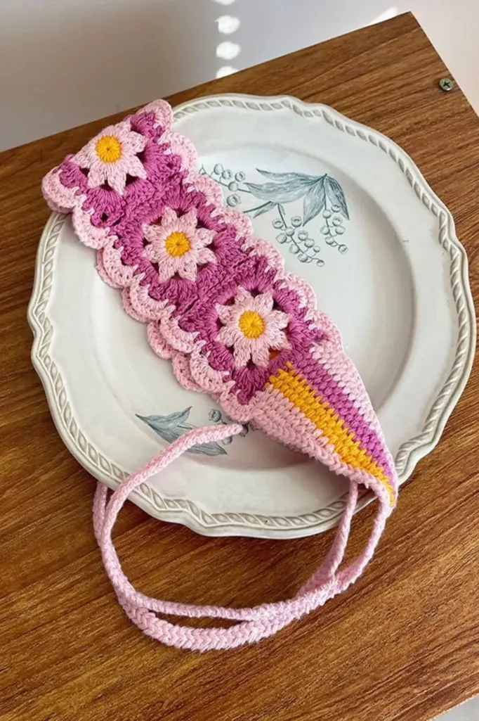Pink Floral Crochet Hair Band - Image 1