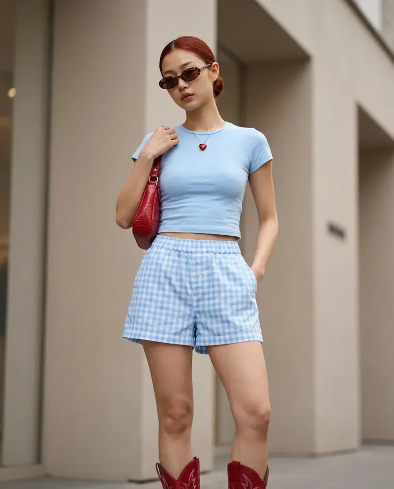 Light Blue Gingham Print Shorts - Image 1
