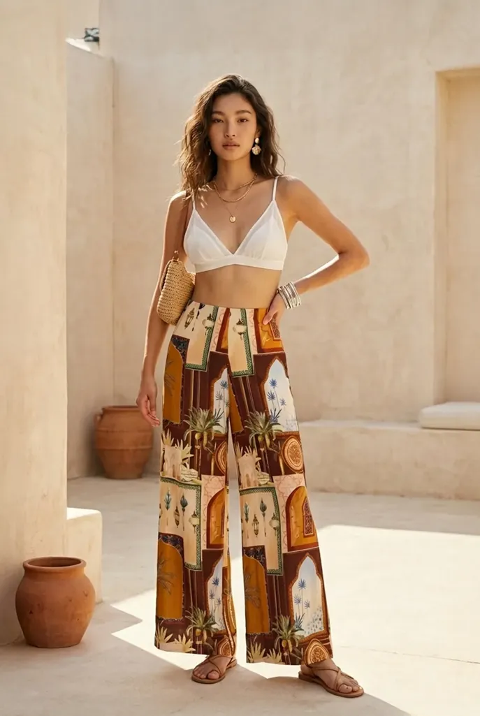 Brown Ethnic Printed Mid Rise Trousers - Image 1