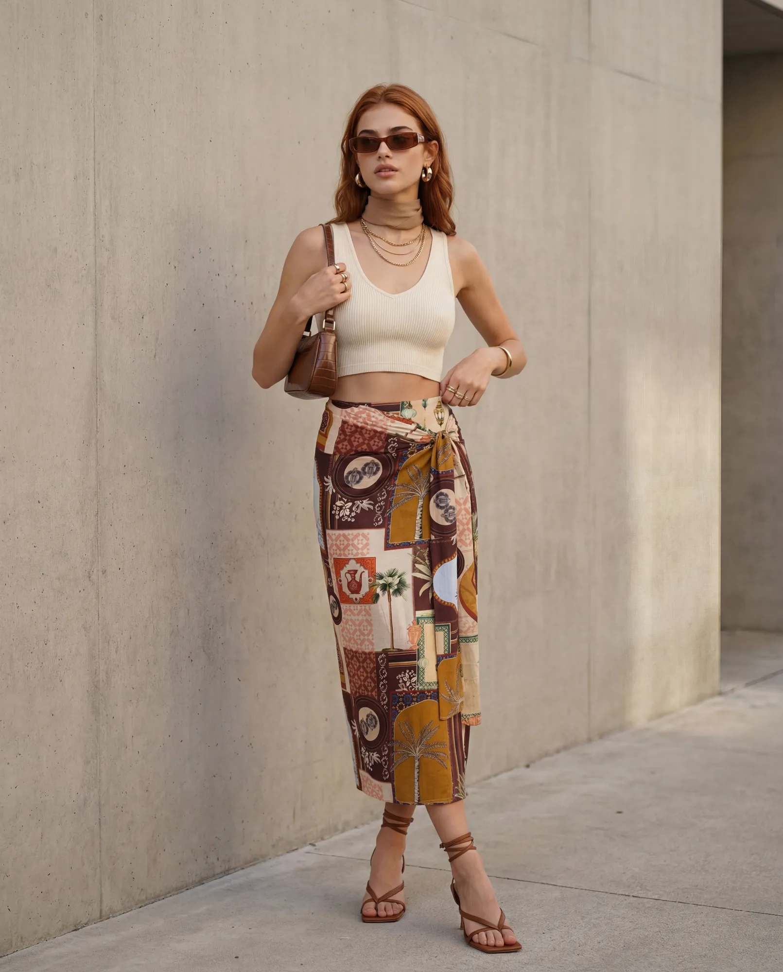 Brown Ethnic Printed Mid Rise Skirt