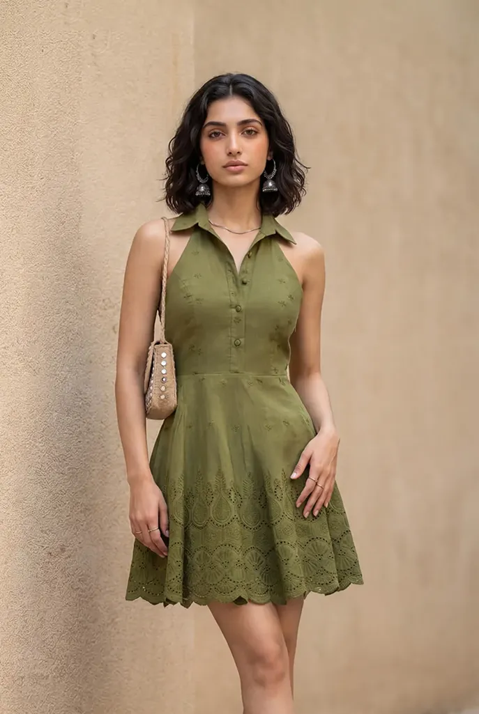 Green Halter Neck Schiffli Mini Dress - Image 1