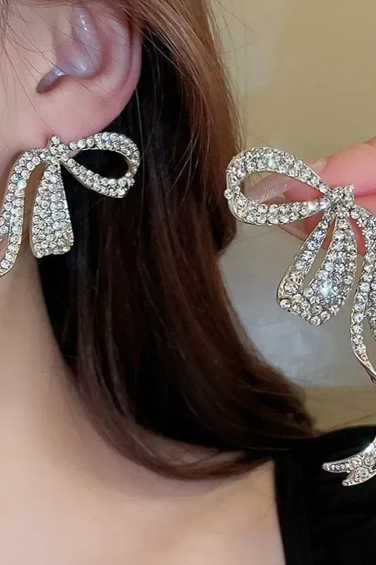 Silver Embellished Bow Earrings - Image 1