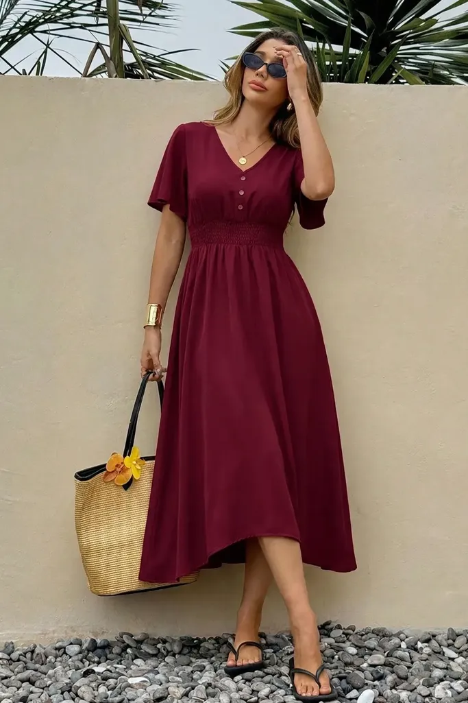Maroon Smocked V-Neck Midi Dress - Image 1