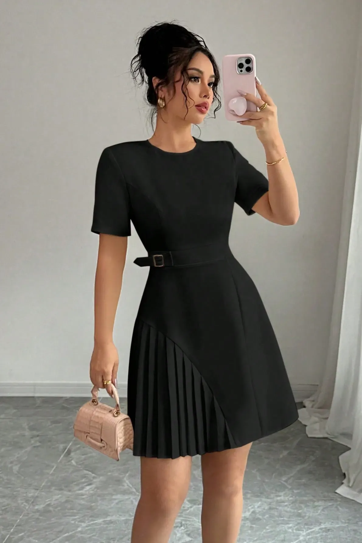 Black Pleated Belted Mini Dress