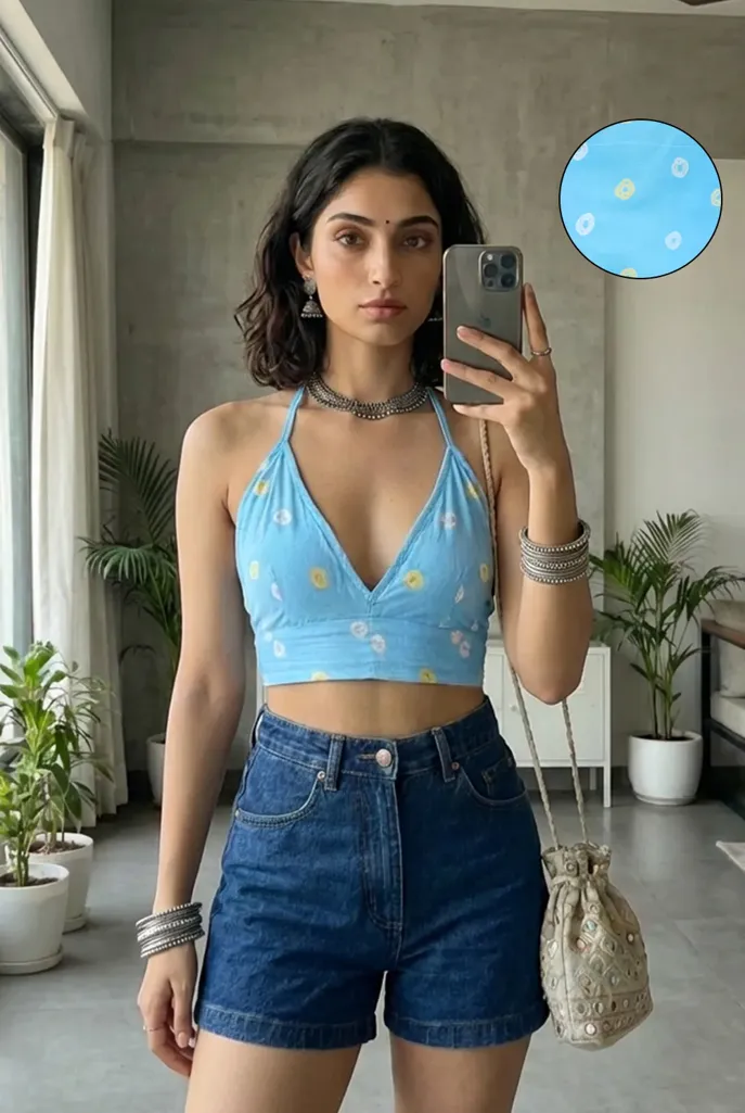 Light Blue Ethnic Printed Halter Neck Top - Image 1
