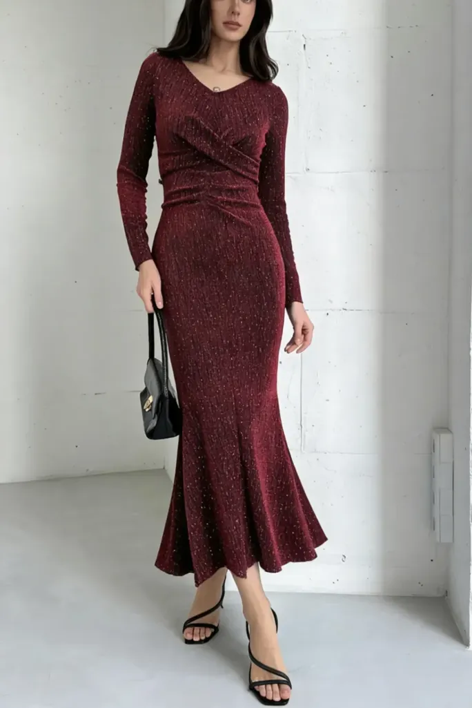 Wine Solid V-Neck Midi Dress - Image 1