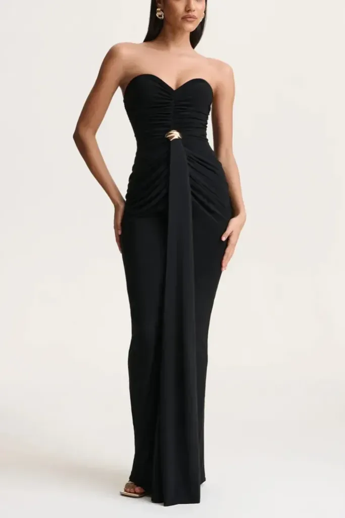 Black Solid Ruched Maxi Tube Dress - Image 1