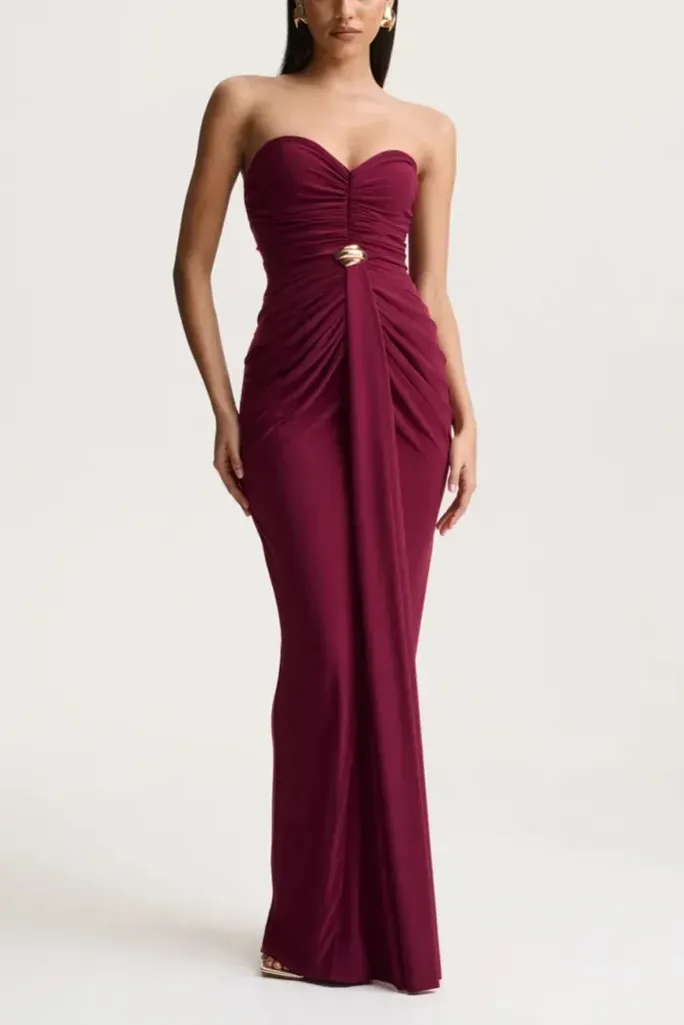 Wine Solid Ruched Maxi Tube Dress - Image 1