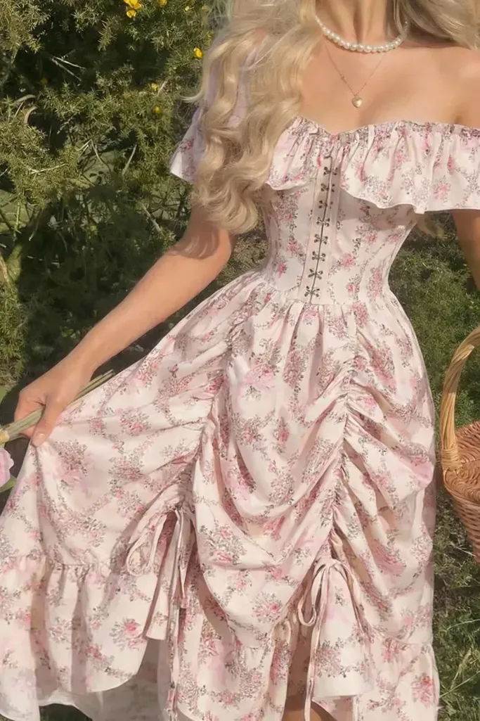 Light Pink Floral Corset Dress - Image 1