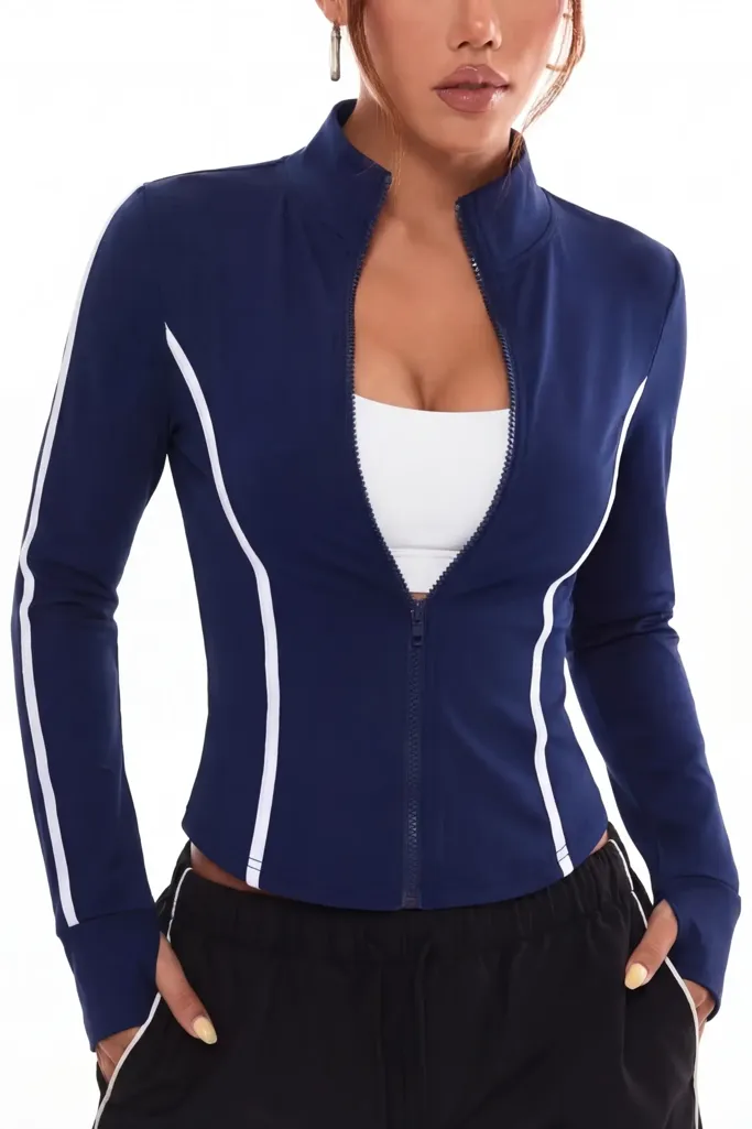 Navy Blue Striped Zipper Jacket - Image 1