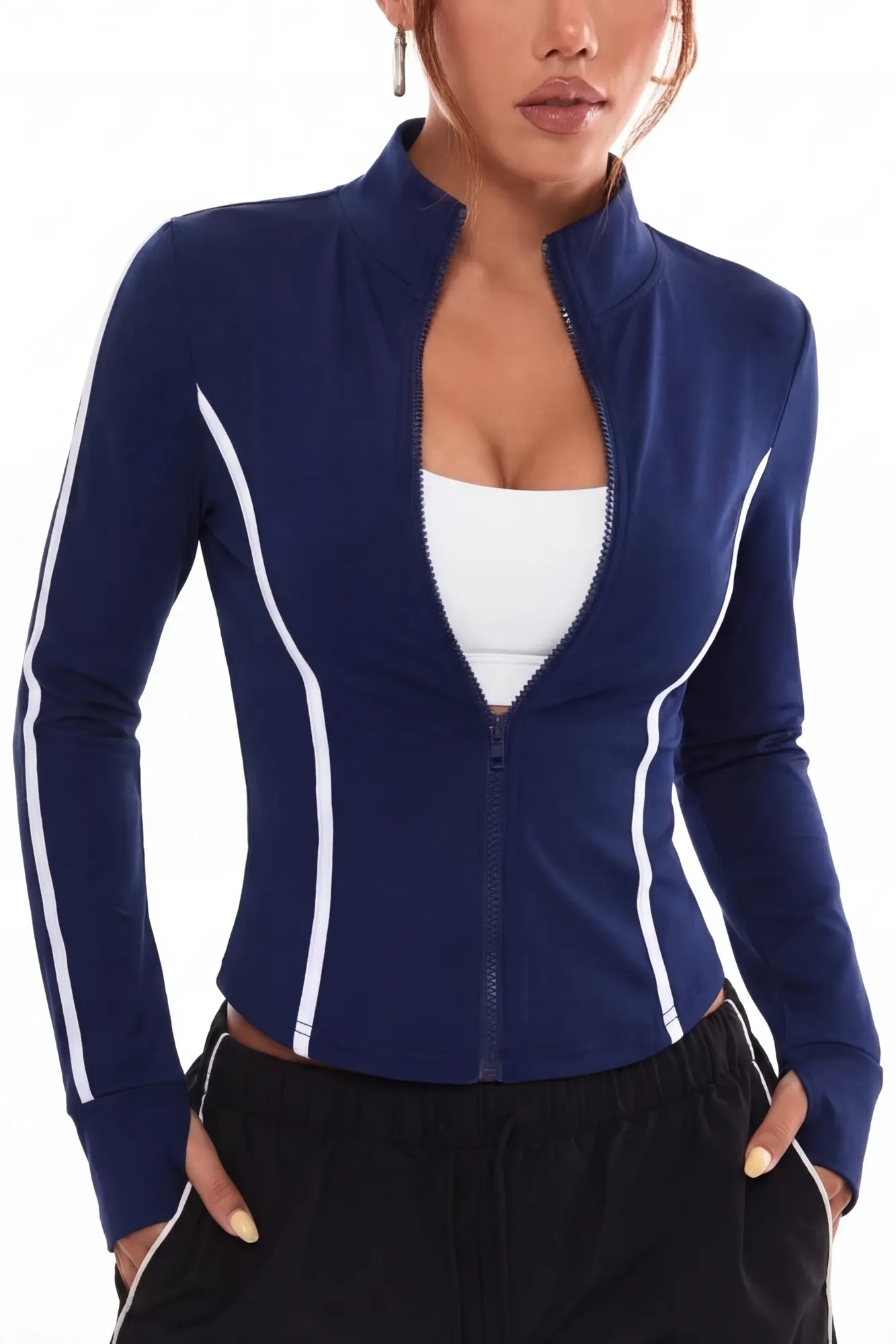 Navy Blue Striped Zipper Jacket