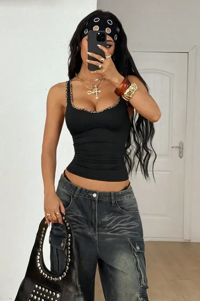 Black Leopard Print Scoop Neck Top - Image 1